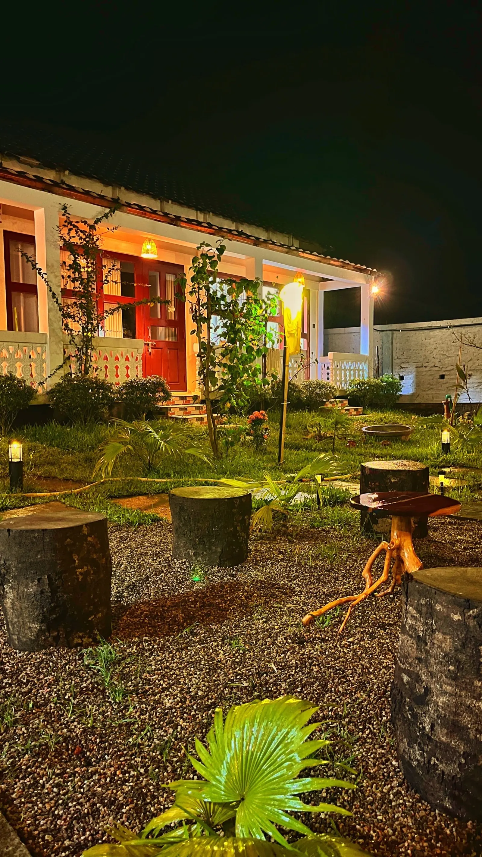 The house and garden lit up at night
